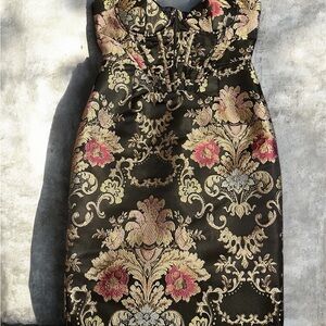 Lavish Alice Black Mini Dress with Gold and Pink Brocade